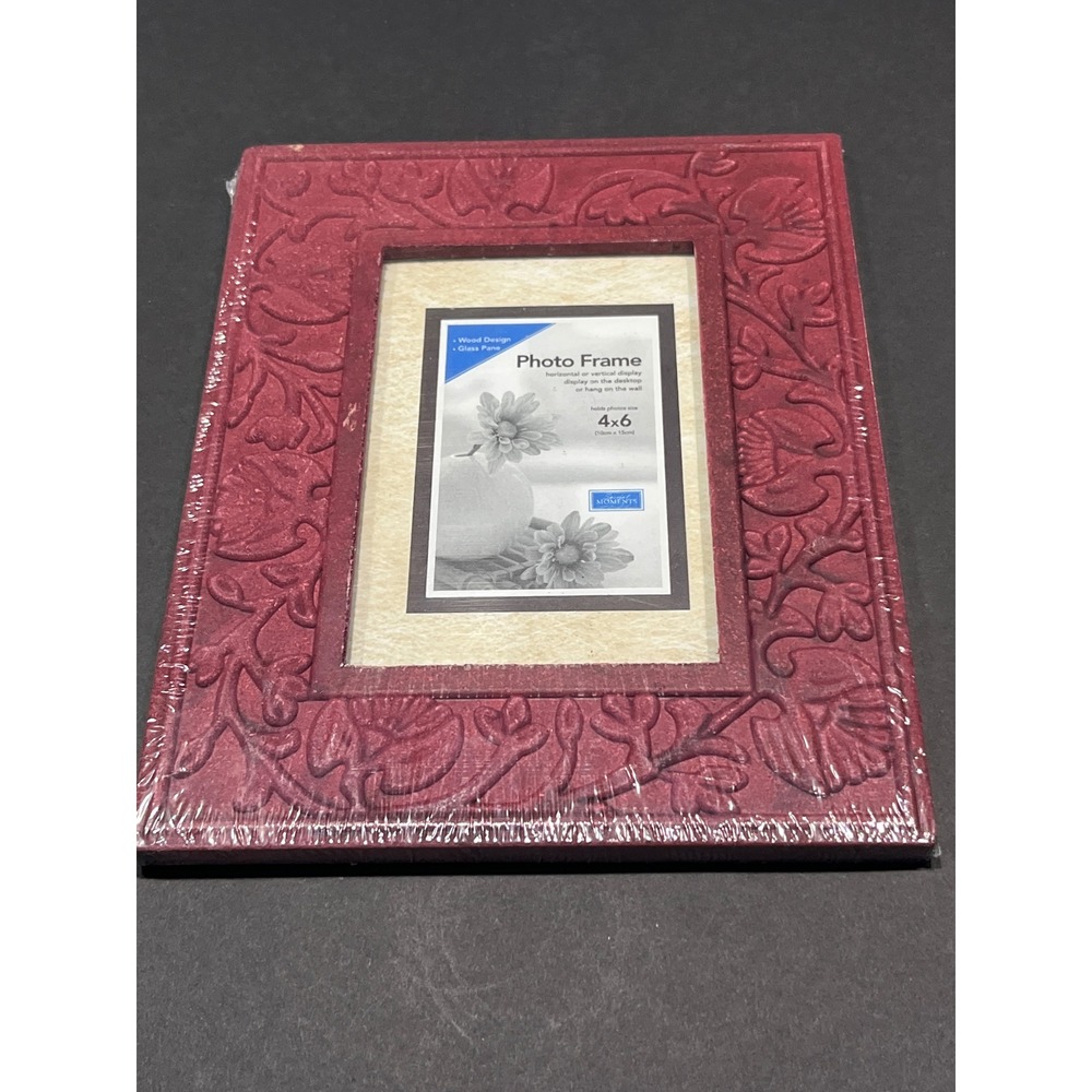 Moments 4x6 Photo Frame Burgundy Red Embossed Floral Wood Design Glass Pane NEW